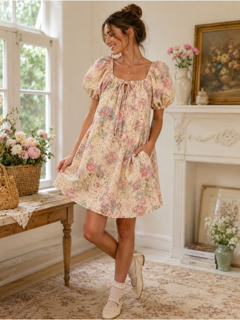 GeeGee Floral Eyelet Puff Sleeve Babydoll Dress Pockets Coquette NWT Small - Picture 2 of 14